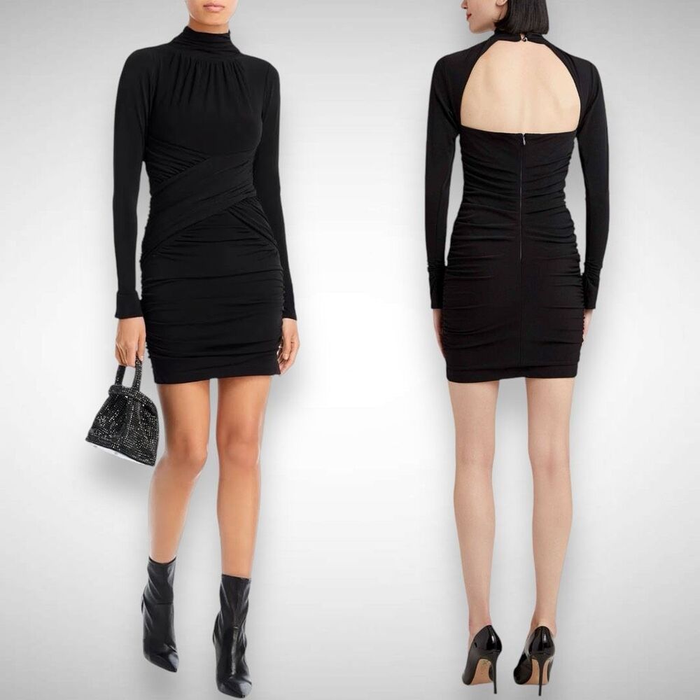 Cinq a Sept Amar‎ Black Open Back Ruched Cross Over Stretch Mini Dress Size 2